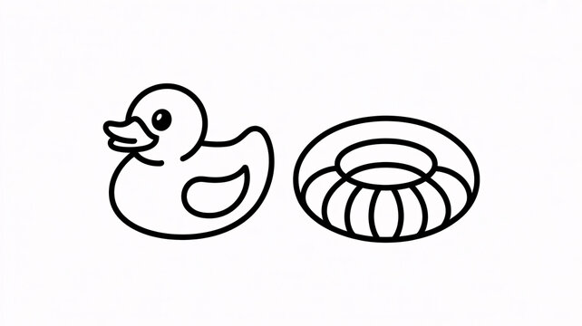Rubber duck and inflatable ring in playful line art style