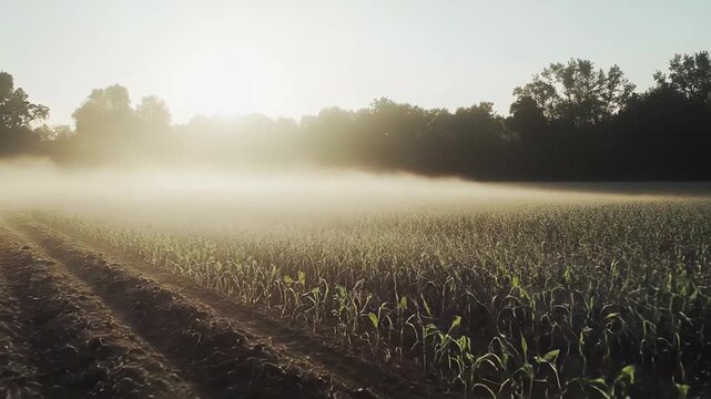 Foggy sunrise light illuminating rows of young green crops in a tranquil agricultural field, with trees outlining the distant horizon creating a serene rural landscape