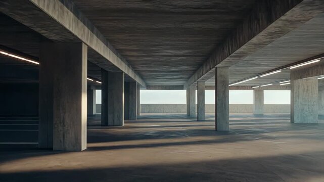 Empty brutalist parking garage with concrete pillars and textured ceiling, daylight streaming in to cast long dramatic shadows across the smooth ground level floor