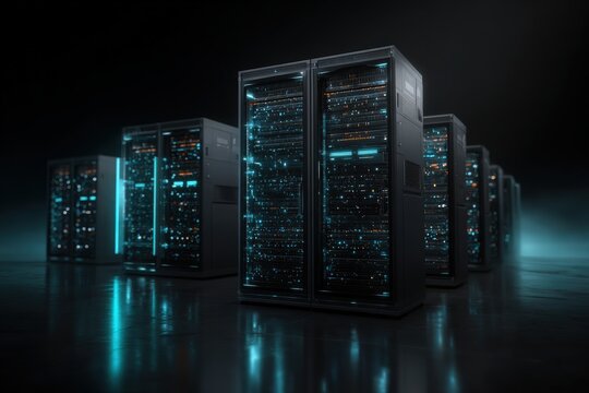 Genomic database server rack with bioinformatics visuals, metallic black and soft teal