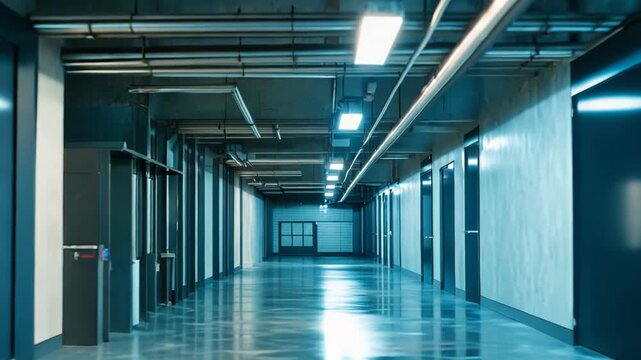Modern concrete corridor featuring rows of doors and exposed piping, reflecting bright overhead lights on a glossy floor, creating a deep perspective and sense of expectation