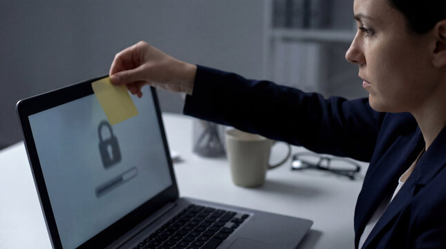Woman removes sticky note from laptop. Password security matters, password reset protects account, strong password prevents breach for cybersecurity awareness month, data privacy day concept