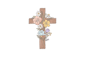 Wooden christian cross decorated with delicate pastel spring flowers and leaves, religious symbol illustration isolated on transparent background