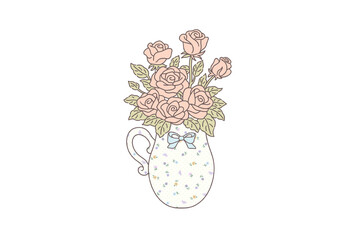 Hand drawn illustration of a bouquet of light pink roses in a small patterned pitcher with a blue bow, isolated on transparent background