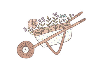 Cute hand drawn illustration of a small wheelbarrow filled with delicate flowers and greenery, perfect for spring and garden themes isolated on transparent background