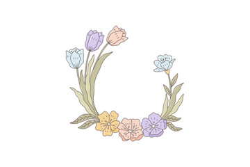 Spring blossom clipart colorful floral wreath with pastel flowers and leaves on transparent background