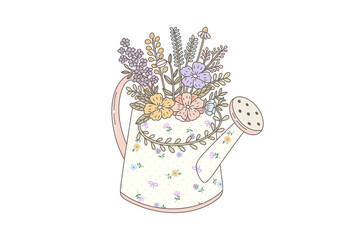 Cute pastel floral illustration in a decorative watering can, delicate spring garden flowers and herbs design, handdrawn style isolated on transparent background
