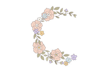 Crescent shaped floral wreath with pink, purple, and yellow flowers isolated on transparent background for decoration and design