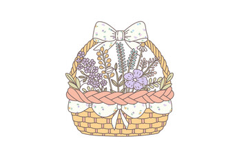   illustration of a woven basket filled with delicate lavender and wildflowers, perfect for spring and rustic decor isolated on transparent background