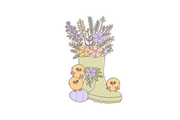 Cute little chicks playing around a rain boot filled with spring flowers illustration for easter or springtime isolated on transparent background