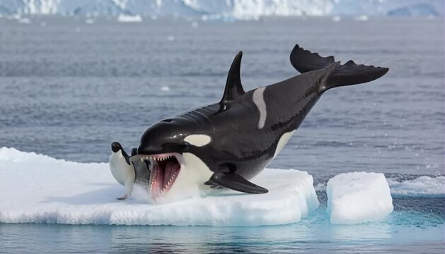 Dynamic Ocean Wildlife Action Scene Inspired By The Reference Image A Massive Megalodon Erupts From The Deep Blue Water And Lunges Upward, Jaws Wide, As An Orca Whale Breaches Beside A Drifting Ice Fl