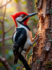 Woodpecker Pecking Tree Bark with Flying Wood Chips in Forest Light