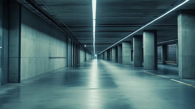 Empty concrete underground corridor with a long row of columns and bright lights extending into the distance, creating a sense of vastness, architecture, and contemporary design