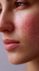 Fototapeta premium Close-up of a womans face showing skin condition with redness and dryness, highlighting facial features and texture in soft lighting