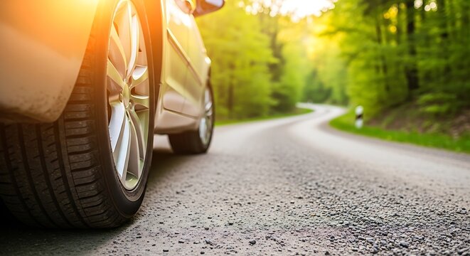 Car on a winding forest road bathed in sunlight, focus on tire