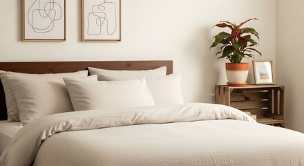 Cozy Bedroom Interior with Neutral Tones and Green Plant Accent.