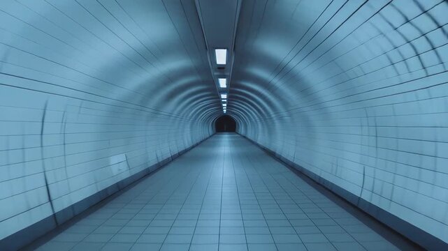 Receding subway tunnel showcasing architectural perspective and urban infrastructure, with overhead lights illuminating the patterned walls and tiled floor, creating a sense of distance