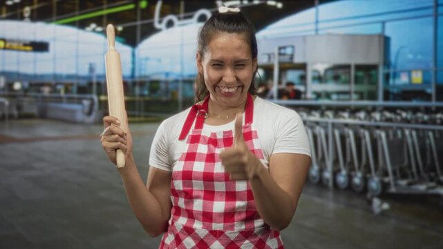 Woman in red gingham apron holding a rolling pin and pointing finger at camera in an airport terminal; joy celebration confidence.