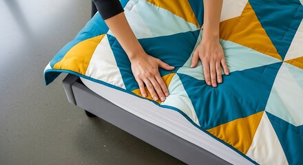 Cozy Geometric Quilt on a Bed with Hands Gently Touching.