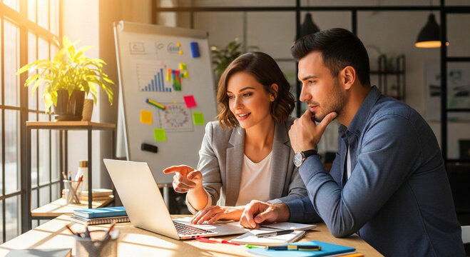 Two business professionals collaborating on ideas at modern workspace