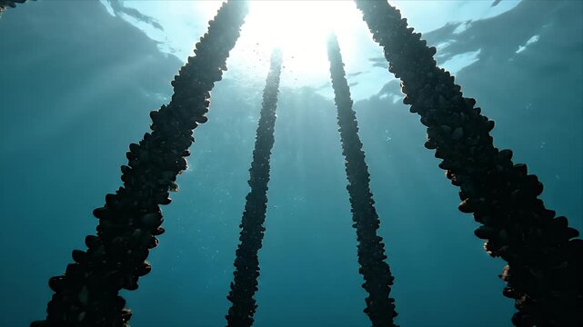 Underwater kelp forest cultivation with sun rays shining through the clear blue ocean water illuminating growing marine