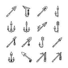 Obraz premium Collection of Fishing Harpoons and Hooks Vector Icons Nautical Tools Line Art