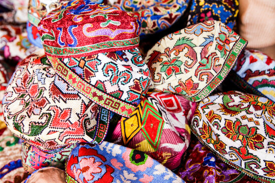 Santa Fe, New Mexico, USA.  Traditional Uzbekistani hand made hats