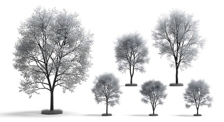 Rendered trees of varying sizes with white foliage, set against a stark white backdrop