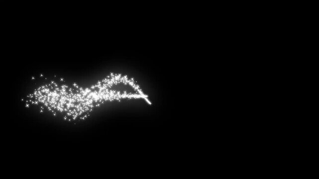 Dynamic Sparkle Burst Animation: White flying glitter particles, glowing fairy dust, and a smooth twinkle star line motion. Vibrant 4K magical light display on black screen.