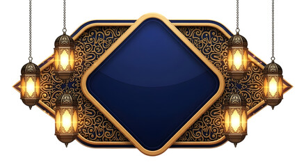 Ornate Islamic Lanterns Hanging Around a Blue Diamond Shape Frame with Traditional Arabic Patterns and Golden Border