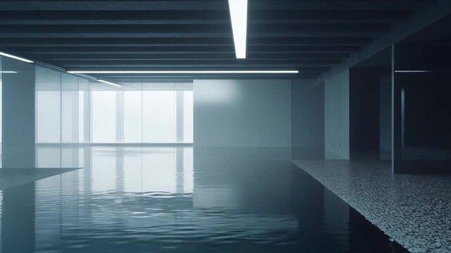 Minimalist modern corporate building interior with water covering the floor, creating a reflective surface and a liminal atmosphere under artificial light, evoking a sense of calm and mystery