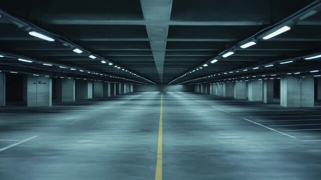 Empty underground multi level parking garage with neon lit concrete pillars and floor, strong vanishing perspective and futuristic minimalist symmetry, quiet and deserted