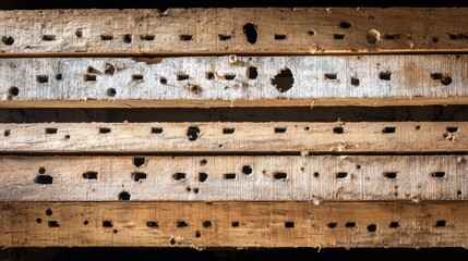 Close-up view of splintered wooden planks from a damaged barricade showcasing texture and wear.