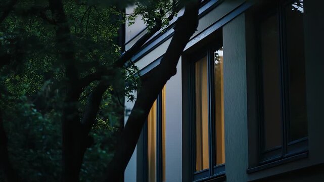 Modern building facade with large glowing windows revealing a warm, cozy interior, framed by dark tree foliage at dusk, creating contrast, privacy and urban tranquility