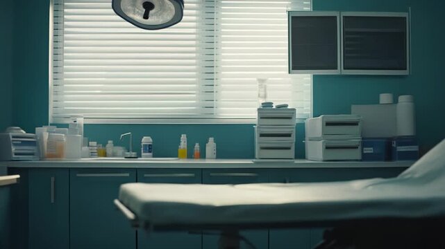 Medical examination room with adjustable gurney, bright surgical lamp, stocked cabinets and supplies, clean sterile environment ready for consultation, treatment, or surgery