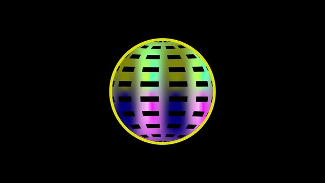 A3D rendered oval shape resembling an egg or globe, outlined in bright yellow, with a grid pattern of iridescent colors including green, yellow, blue, and pink