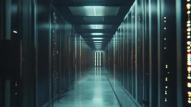 Server racks lining a long corridor in a data center, with multiple blinking lights indicating active network and processing operations, forming a path into the distance