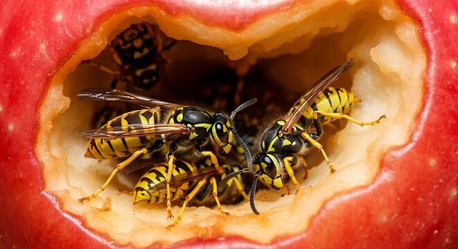Wasps feeding on ripe apple flesh