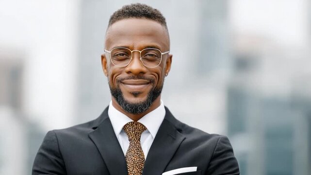 Confident Business Portrait: A distinguished business professional exudes confidence and success, posing with a warm smile against a blurred city backdrop, symbolizing ambition and urban leadership.