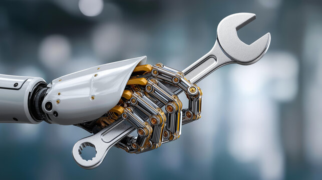 Real robotic hand with plumber wrench, concepts of artificial intelligence development or job replacement by AI, automation visualization, defocused background, with copy space