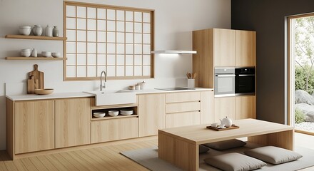 Modern Japanese Kitchen with Natural Wood Elements and Minimalist Design.