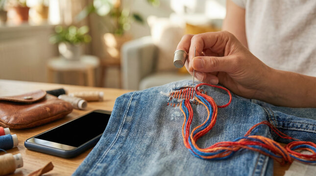Close up of hands darning ripped blue jeans with colorful thread using a needle and thimble to repair clothing