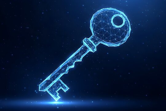 Glowing blue key made of polygonal mesh in starry space