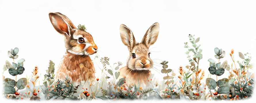 Watercolor Forest Rabbits with Spring Herbs and Beltane Aesthetic Isolated on White