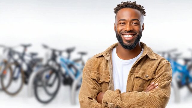 Man and Bicycles: A confident man poses with a genuine smile in front of a blurred array of bicycles, conveying a sense of enthusiasm and readiness for adventure.