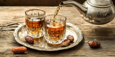 Golden Tea In Small Glasses With Sweet Dates