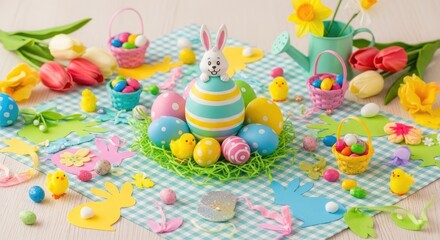 Easter sunday celebration with colorful eggs and bunny decorations