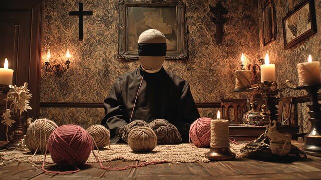 Creepy Atmosphere in Dark Interior with Blindfolded Figure and Candlelight Shadows Surrounded by Vintage Decor and Gothic Elements for a Horror-Themed Art 