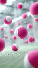 Colorful pink and white balls are floating above a green surface, creating a dynamic and playful atmosphere in a sports setting