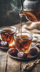Steam Rising From Tea Glass With Dried Dates Snack